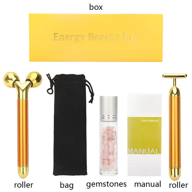 3 in 1 Energy Beauty Bar 24k Gold Vibrating Facial Roller Massager Face Lifting